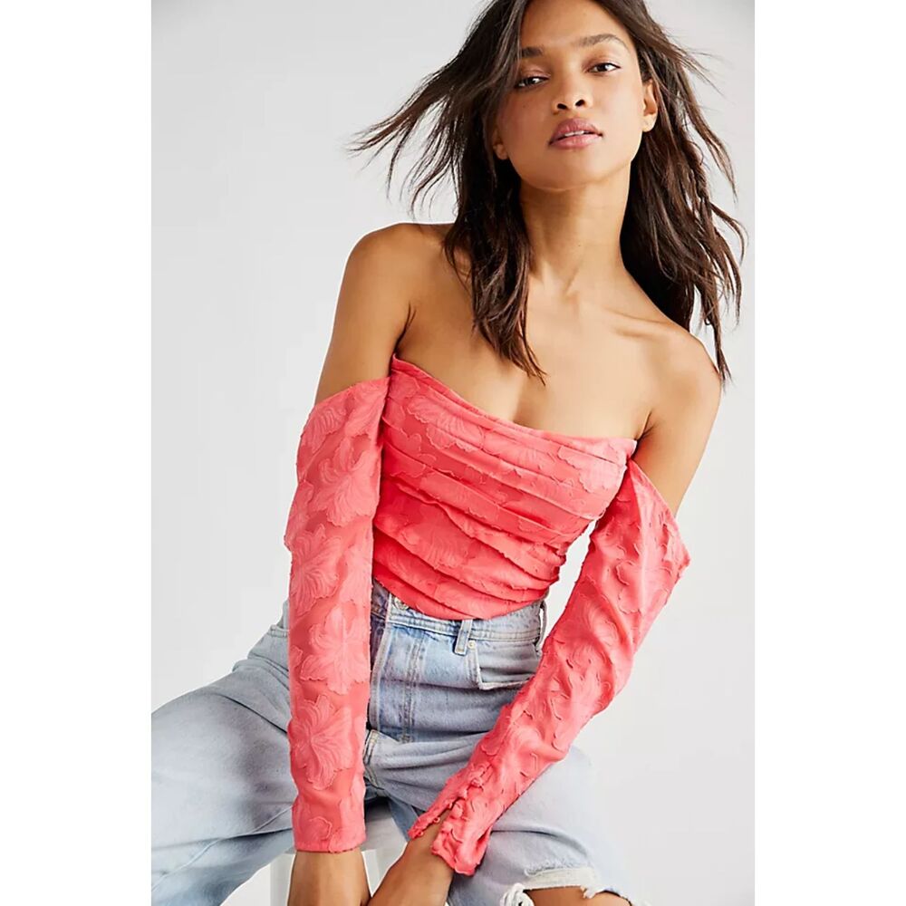 Free People Bella Corset Top Long Sleeve Off The Shoulder Pink Red Ruched Size S